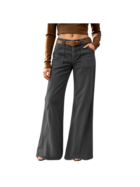 Women High Waist Corduroy Flare Pants Retro Wide Leg Cargo Pocket Pants Casual Corduroy Bootcut Pants