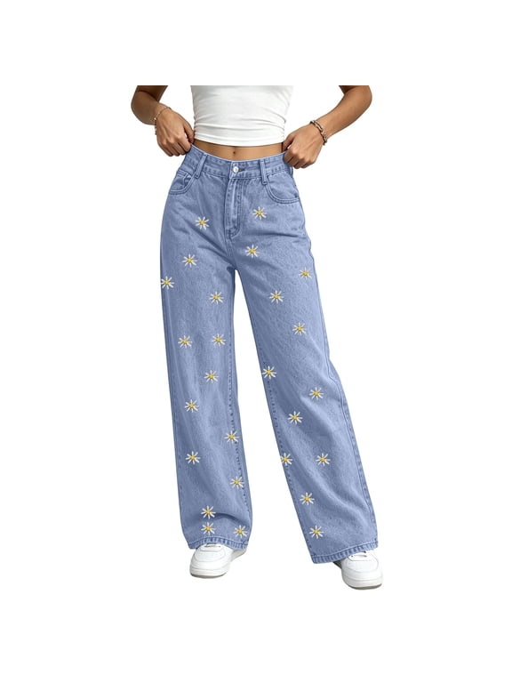 Women High Waist Printed Denim Pants Y2K Floral Bow Print Wide Leg Jeans Loose Casual Trousers