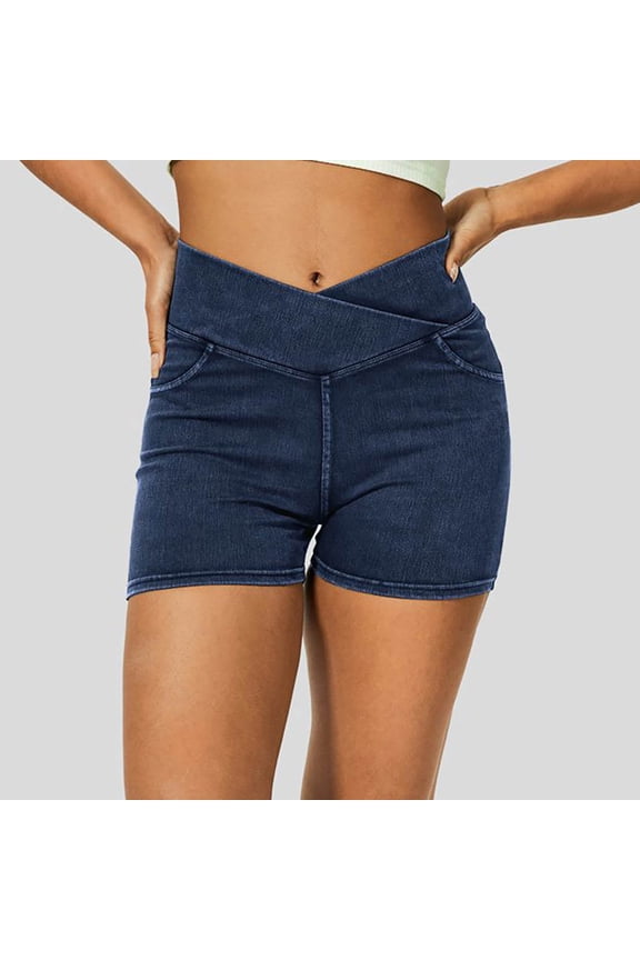 Women’s Stretchy Jean Shorts Crossover High Waisted Pull on Denim Shorts with Pockets