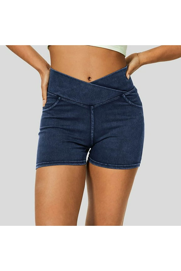 Women’s Stretchy Jean Shorts Crossover High Waisted Pull on Denim Shorts with Pockets