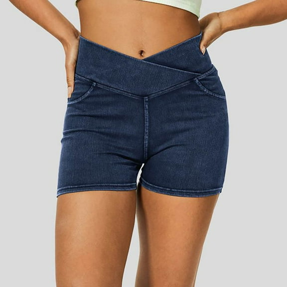 CHGBMOK Women’s Stretchy Jean Shorts Crossover High Waisted Pull on Denim Shorts with Pockets