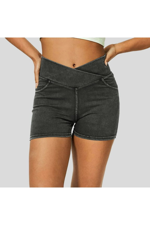 Women’s Stretchy Jean Shorts Crossover High Waisted Pull on Denim Shorts with Pockets