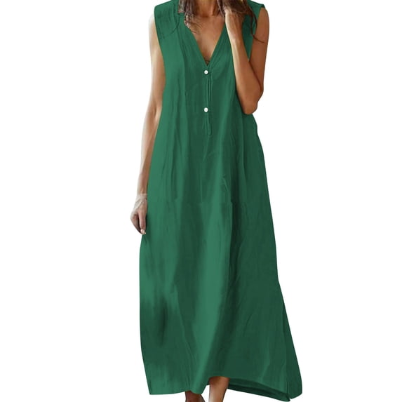 CHGBMOK Women Linen Dress Button V Neck Sleeveless Elegant Loose Dresses Maxi Dress Casual Summer Long Dress