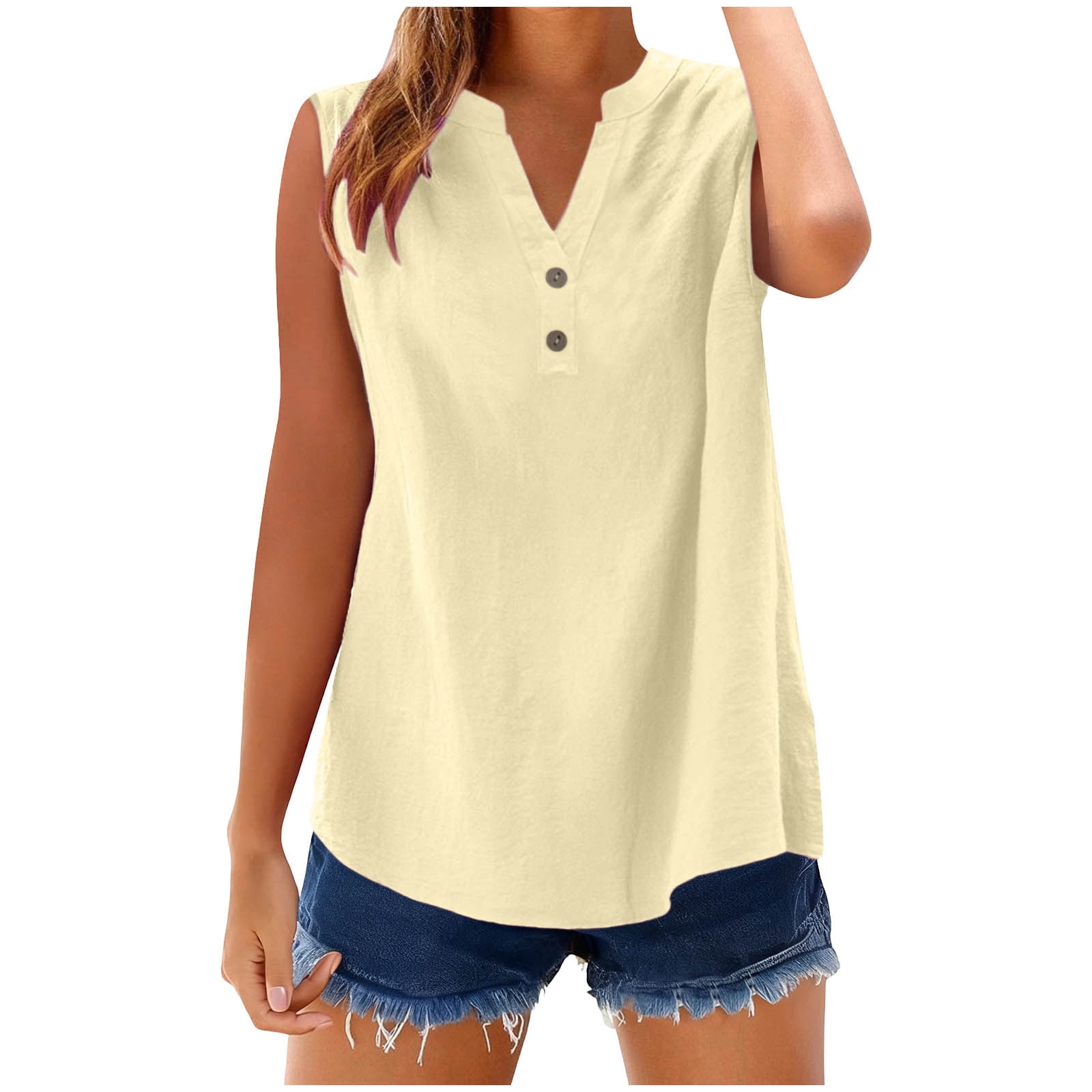 CHGBMOK Women Linen Tank Top Sleeveless V Neck Tank Spring Summer ...