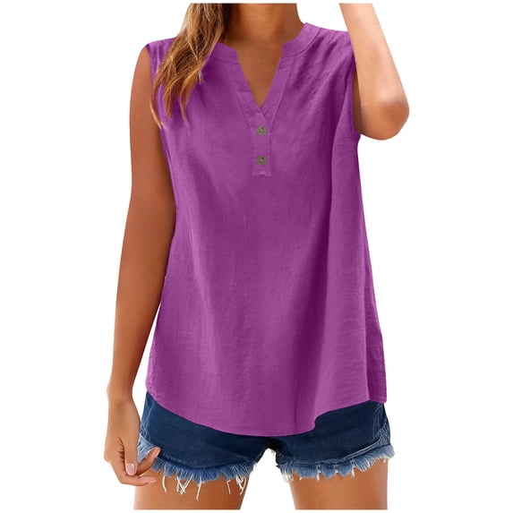 CHGBMOK Women Linen Tank Top Sleeveless V Neck Tank Spring Summer Button Down T Shirts Solid Loose Casual Tank Shirt