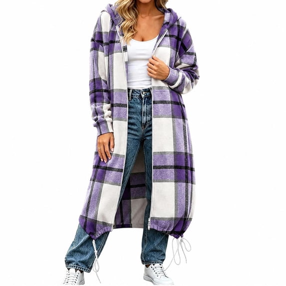CHGBMOK Women Long Plaid Hooded Jacket Full Zip Up Loose Coat Casual Drawstring Hem Outerwear with Pockets