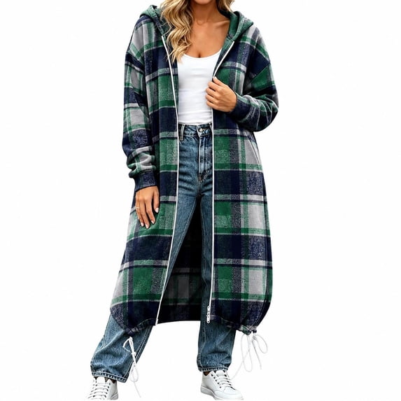 CHGBMOK Women Long Plaid Hooded Jacket Full Zip Up Loose Coat Casual Drawstring Hem Outerwear with Pockets