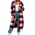thumbnail image 1 of CHGBMOK Women Long Plaid Hooded Jacket Full Zip Up Loose Coat Casual Drawstring Hem Outerwear with Pockets, 1 of 7