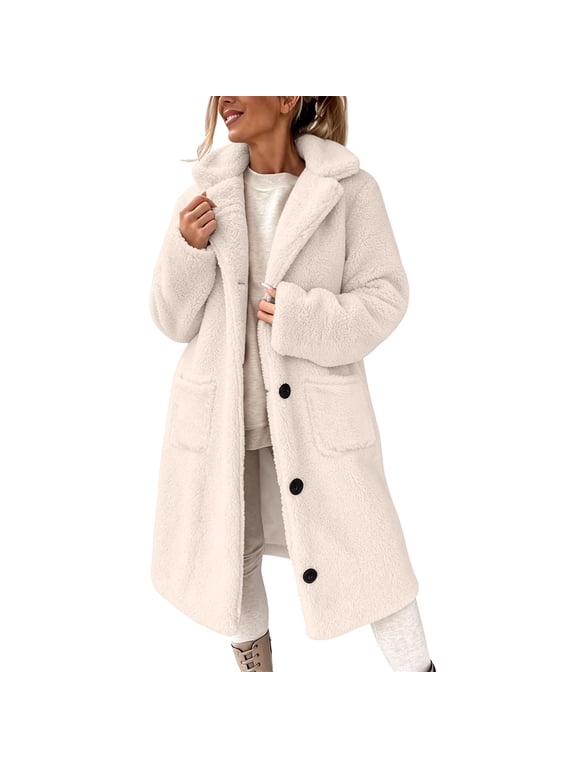 Women Long Sherpa Coat Lapel Button Down Fuzzy Fleece Overcoat Loose Warm Thick Casual Jacket with Pockets