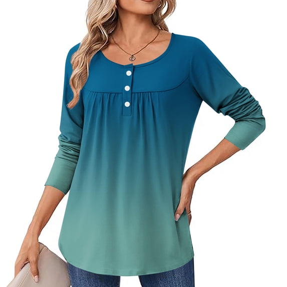 CHGBMOK Women Long Sleeve Blouses Buttons Up Crew Neck Loose T Shirts Casual Pleated Print Tunics