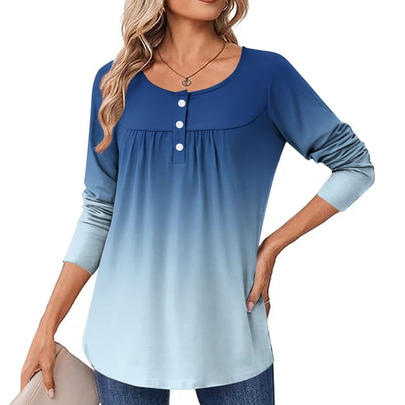 CHGBMOK Women Long Sleeve Blouses Buttons Up Crew Neck Loose T Shirts Casual Pleated Print Tunics