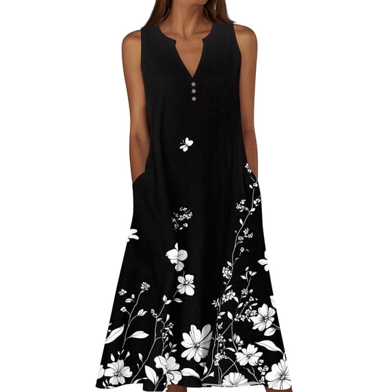 CHGBMOK Women Maxi Dresses Trendy Boho Print A-Line Dresses Sleeveless V Neck Button Down Casual Dress Loose Beach Travel Vacation Outfits