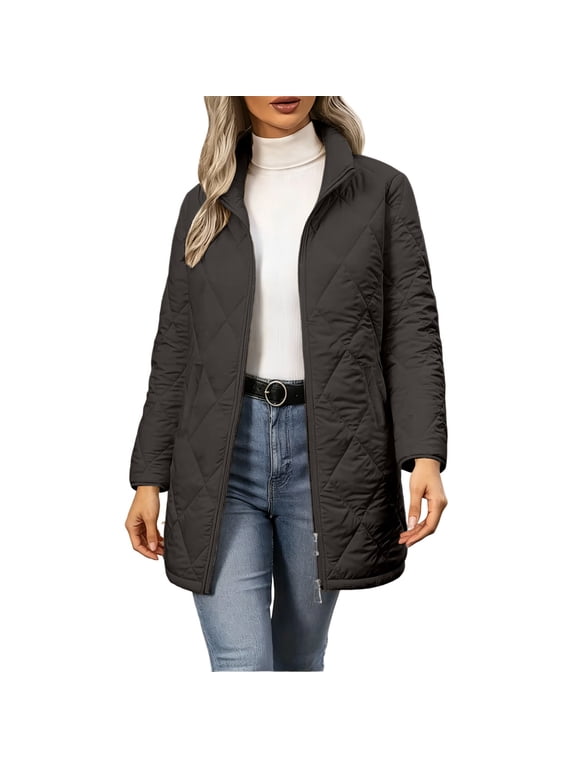 Women Mid Length Quilted Jacket Zip Up Stand Collar Lightweight Coat Long Sleeve Casual Fall Winter Outerwear with Pockets