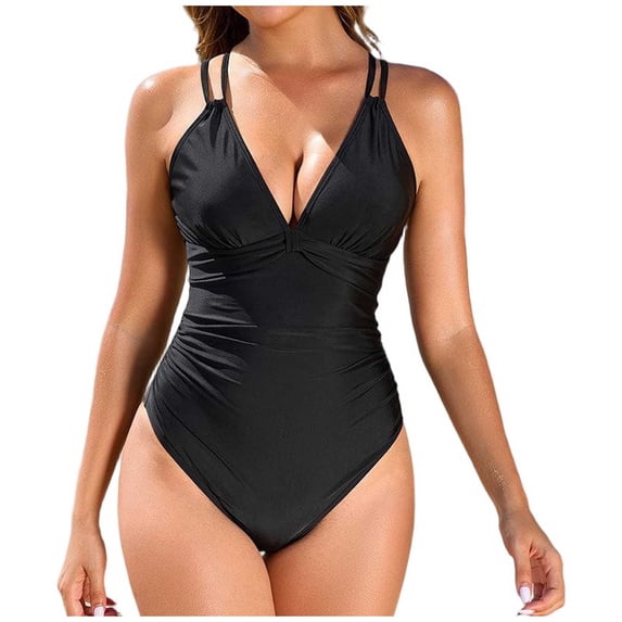 CHGBMOK Women One Piece Swimsuit Solid Deep V Neck Bathing Suit Slimming Tummy Control Swimwear Double Straps Front Ruched Textured Twist