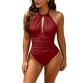 thumbnail image 1 of CHGBMOK Women One Piece Swimsuits Sexy Cutout Deep V Neck Bathing Suit Textured Ruched Open Back Swim Suit Solid High Cut Swimwear, 1 of 5