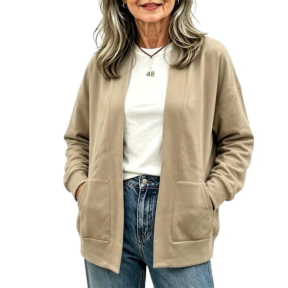 CHGBMOK Women Open Front Sweatshirt Cardigan Long Sleeve Loose Fit Casual Knit Jacket with Pockets Lightweight Layering Outerwear