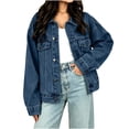 thumbnail image 1 of CHGBMOK Women Oversized Denim Jacket Casual Loose Fit Lapel Long Sleeve Jean Jacket Button Down Classic Denim Coat with Pockets, 1 of 8