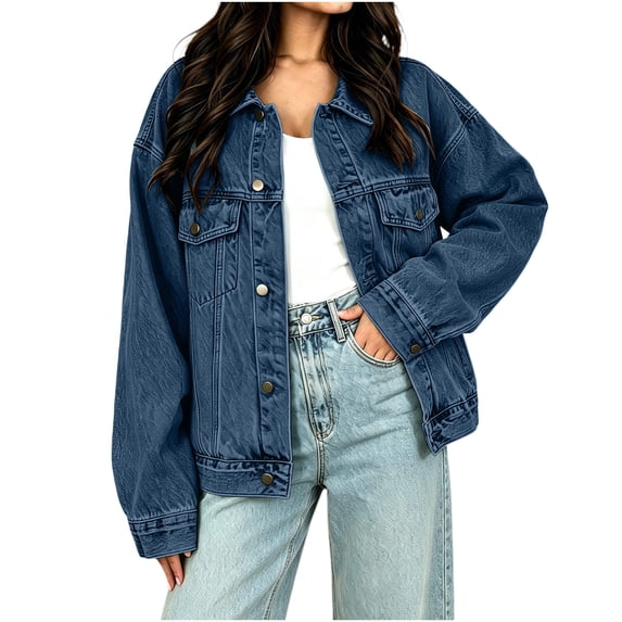 CHGBMOK Women Oversized Denim Jacket Casual Loose Fit Lapel Long Sleeve Jean Jacket Button Down Classic Denim Coat with Pockets