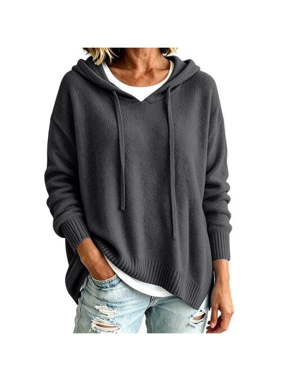 Women Oversized Hooded Knit Sweater Drawstring Long Sleeve Pullover Loose Drop Shoulder Rib Cuff Casual Knitted Hoodie