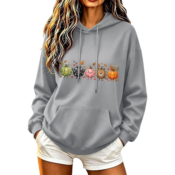 CHGBMOK Women Oversized Hoodie Cute Cartoon Pumpkin Print Drop Shoulder Pullover Sweatshirt Long Sleeve Drawstring Casual Tops with Pocket