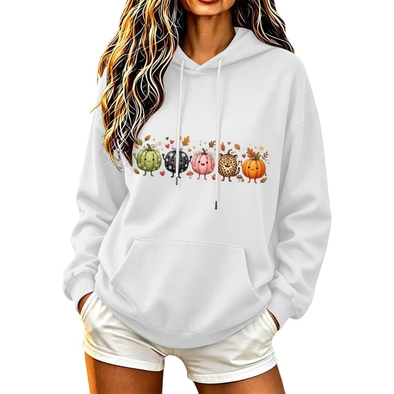 CHGBMOK Women Oversized Hoodie Cute Cartoon Pumpkin Print Drop Shoulder Pullover Sweatshirt Long Sleeve Drawstring Casual Tops with Pocket