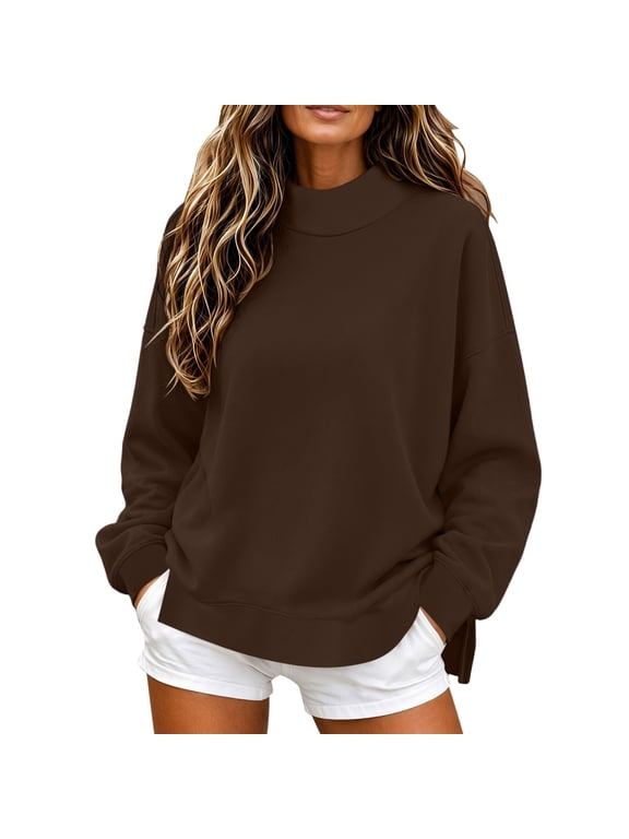 Women Oversized Mock Neck Sweatshirt Drop Shoulder Long Sleeve Pullover Slit Casual Solid Color Fall Tops
