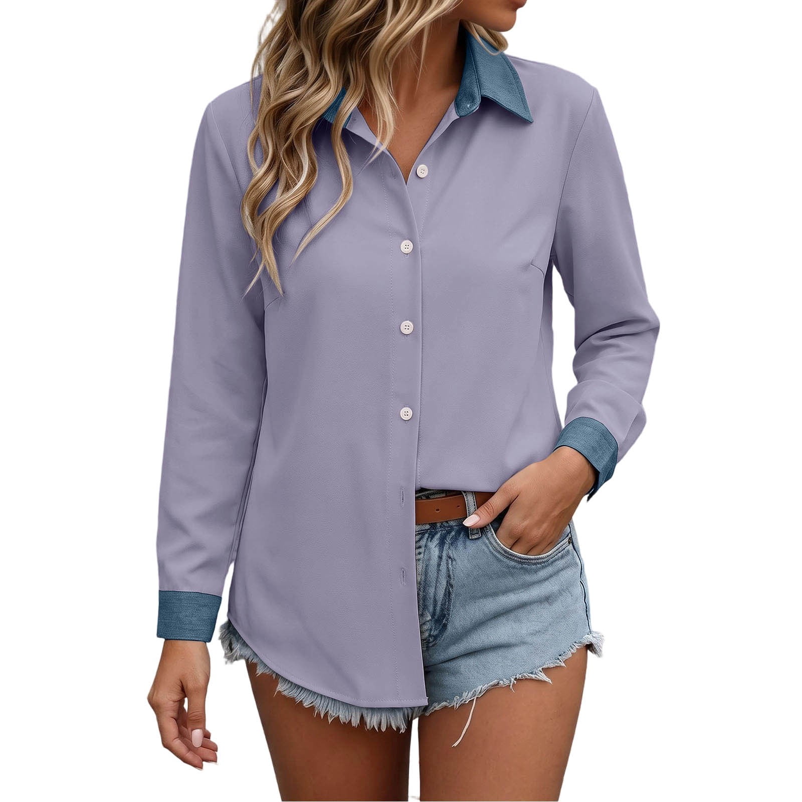 CHGBMOK Women Plus Size Button Down Shirts Color Block Long Sleeve ...