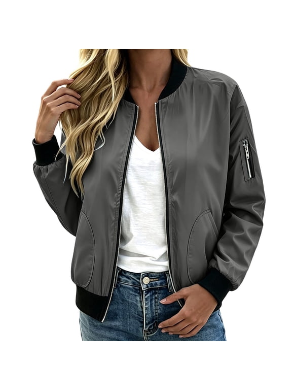 Women Plus Size Classic Bomber Jacket Zip Up Long Sleeve Lightweight Windbreaker Coat with Side Pockets Casual Short Outerwear