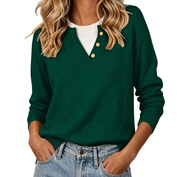 CHGBMOK Women Plus Size Henley V Neck Sweater Button Long Sleeve Pullover Tops Loose Fit Ribbed Cuff Casual Knitted Blouse