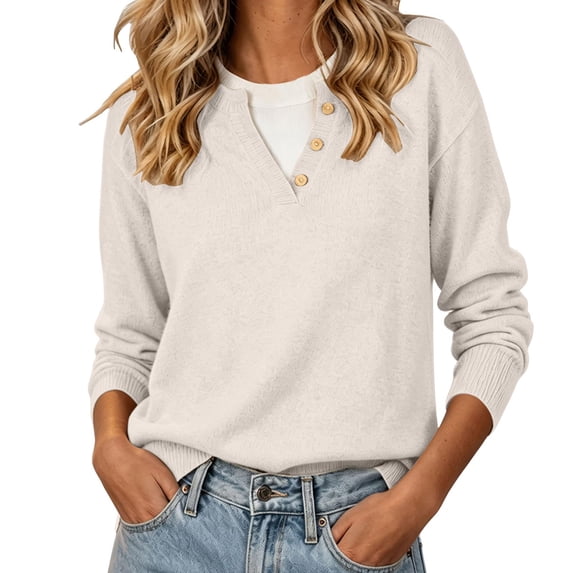 CHGBMOK Women Plus Size Henley V Neck Sweater Button Long Sleeve Pullover Tops Loose Fit Ribbed Cuff Casual Knitted Blouse