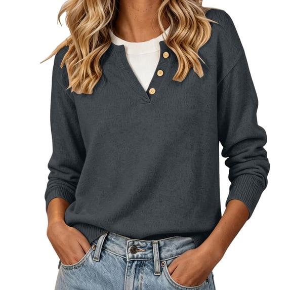 CHGBMOK Women Plus Size Henley V Neck Sweater Button Long Sleeve Pullover Tops Loose Fit Ribbed Cuff Casual Knitted Blouse
