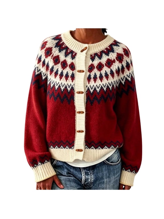 Women Plus Size Horn Toggle Button Knit Cardigan Fair Isle Long Sleeve Sweater Jacket Crew Neck Knit Outwear