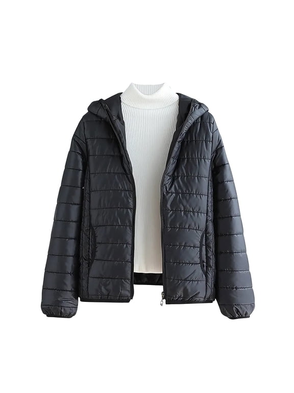 Women Plus Size Lightweight Puffer Jacket Hooded Full Zipper Packable Short Quilted Coat with Pockets Casual Winter Warm Outerwear