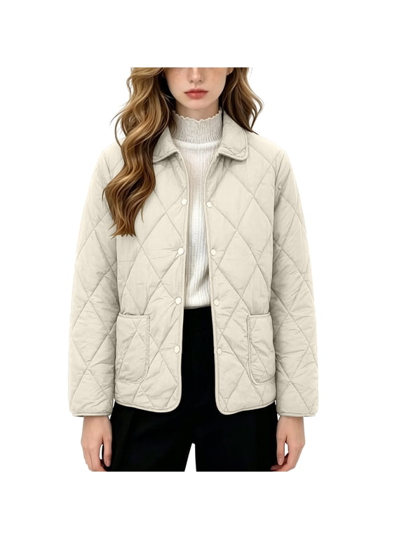 Women Plus Size Quilted Jacket Lapel Collar Lightweight Padded Coat Long Sleeve Snap Button Casual Warm Outerwear with Pockets