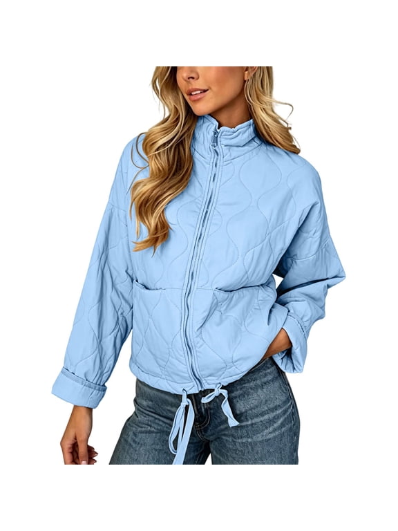 Women Plus Size Quilted Jacket Stand Collar Full Zip Lightweight Padded Short Coat Drawstring Hem Loose Casual Outerwear with Pockets