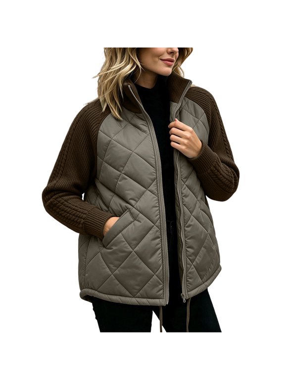 Women Plus Size Quilted Jacket Zip Up Stand Collar Coat Cable Knit Raglan Sleeve Drawstring Hem Lightweight Casual Fall Winter Outerwear