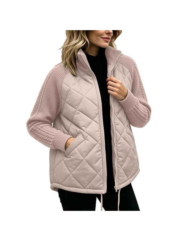 Women Plus Size Quilted Jacket Zip Up Stand Collar Coat Cable Knit Raglan Sleeve Drawstring Hem Lightweight Casual Fall Winter Outerwear