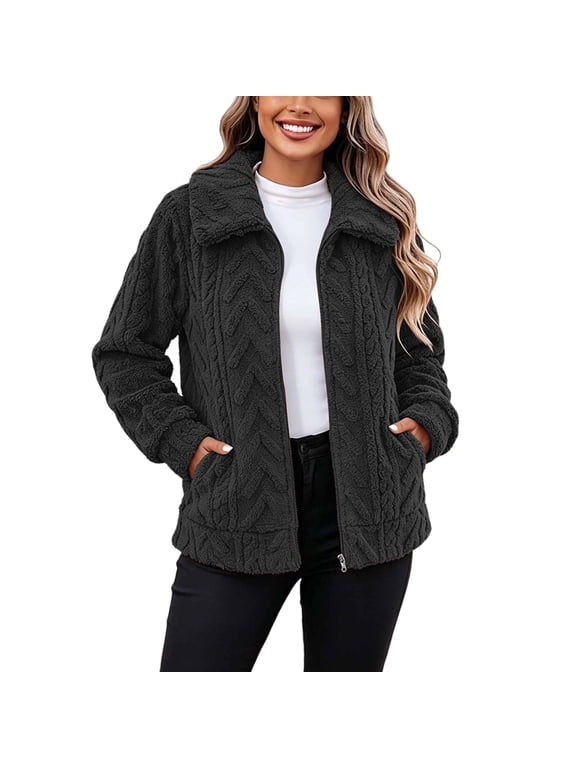 Women Plus Size Short Fleece Jacket Zip Up Stand Collar Cable Textured Coat Warm Plush Outerwear for Fall Winter
