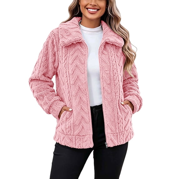CHGBMOK Women Plus Size Short Fleece Jacket Zip Up Stand Collar Cable Textured Coat Warm Plush Outerwear for Fall Winter
