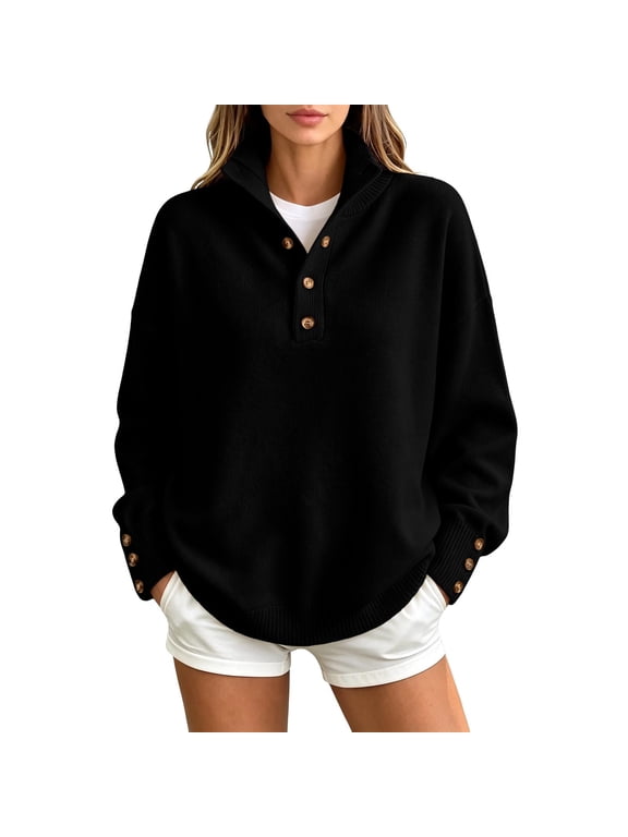 Women Plus Size Stand Collar Knit Pullover Henley Half Button Sweater Long Sleeve Decorative Button Cuff Loose Top