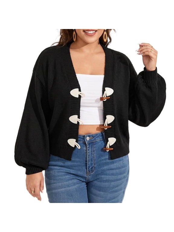 Women Plus Size Toggle Button Knit Cardigan V Neck Puff Long Sleeve Cropped Sweater Coat Relaxed Fit Casual Knit Outerwear