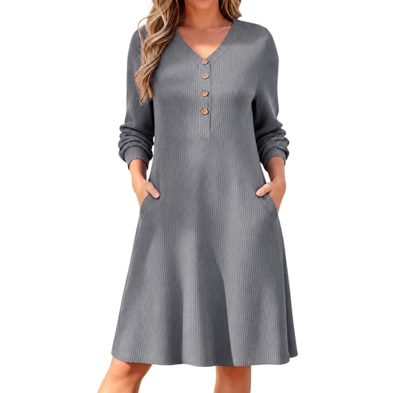 CHGBMOK Women Plus Size V Neck Knee Length Dress Long Sleeve Button ...