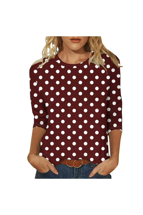 Women Polka Dots T Shirt 3/4 Sleeve Tunic Crew Neck Tee Casual Dressy Blouses Loose Pullover Shirts