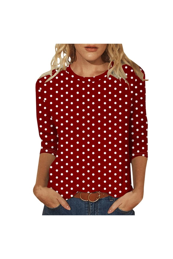Women Polka Dots T Shirt 3/4 Sleeve Tunic Crew Neck Tee Casual Dressy Blouses Loose Pullover Shirts