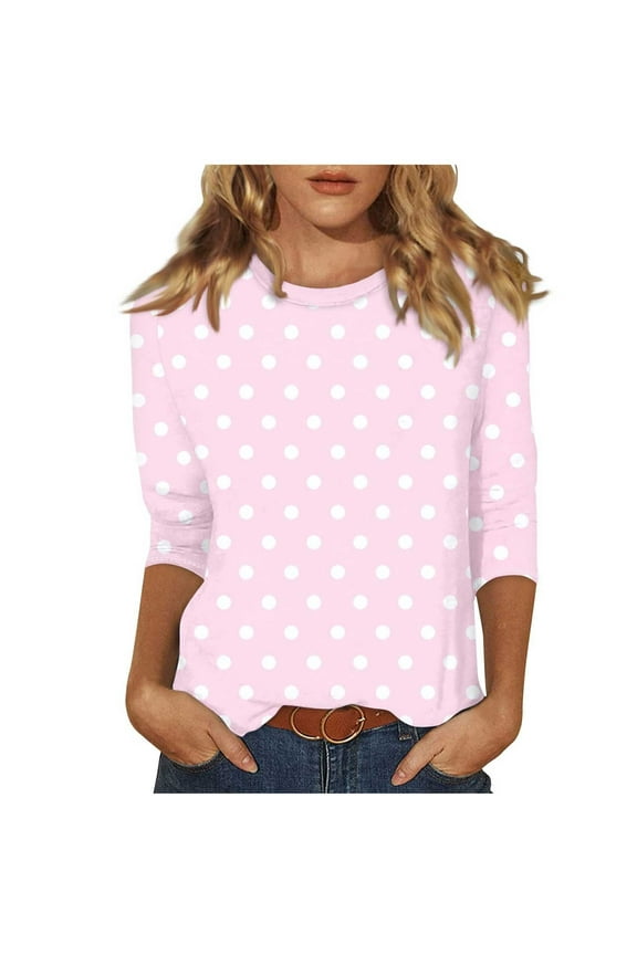 Women Polka Dots T Shirt 3/4 Sleeve Tunic Crew Neck Tee Casual Dressy Blouses Loose Pullover Shirts
