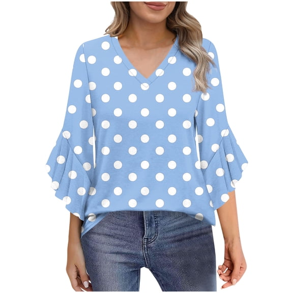 CHGBMOK Women Polka Dots V Neck T Shirt Puff Sleeve 3/4 Sleeve Blouse Casual Loose Tunic Pullover Shirts
