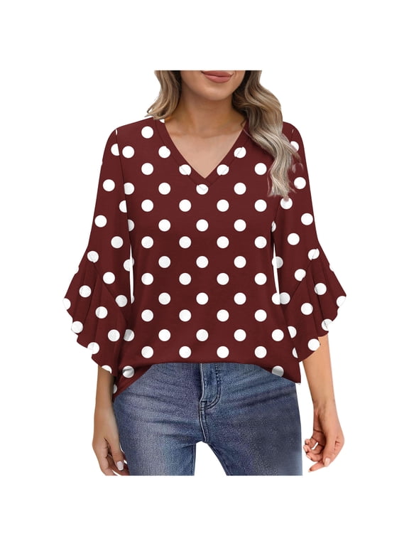 Women Polka Dots V Neck T Shirt Puff Sleeve 3/4 Sleeve Blouse Casual Loose Tunic Pullover Shirts