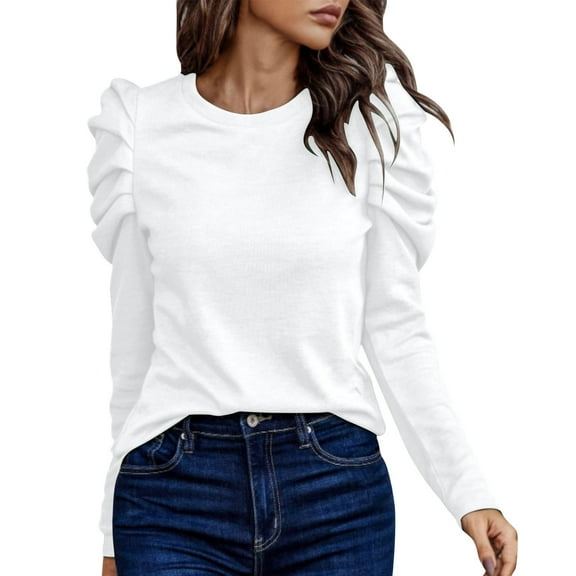 CHGBMOK Women Puff Long Sleeve T Shirts Crew Neck Casual Blouses Solid Soft Tunic Tops