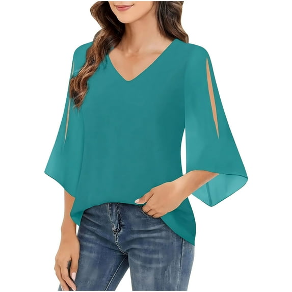 CHGBMOK Women Ruffle 3/4 Sleeve T-shirt V Neck Tunic Top Double Layers Chiffon Blouses Dressy Casual Tops