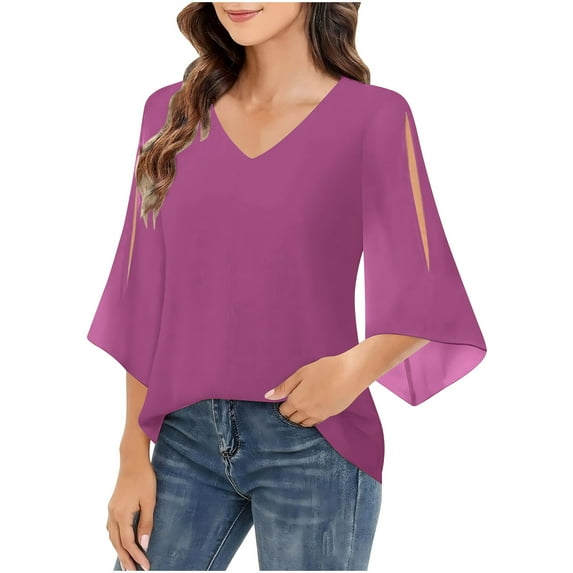 CHGBMOK Women Ruffle 3/4 Sleeve T-shirt V Neck Tunic Top Double Layers Chiffon Blouses Dressy Casual Tops